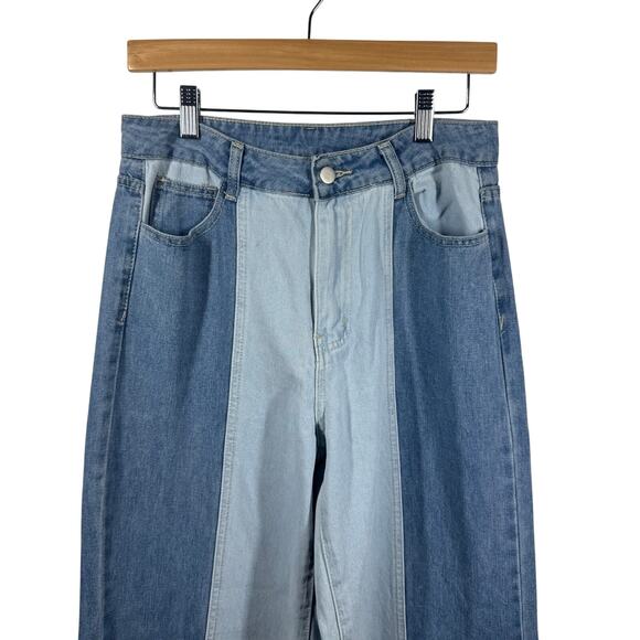 Women Jeans Size M Denim Patch Wide Leg Baggy Raw Hem Oversized Grunge Boho Pant - Picture 3 of 8